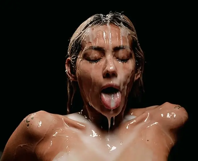 cumshot bukkake girl covered in cum with tongue out sperm dripping from her mouth and face, sperm bath, lust sex spell, black magic witchcraft ritual